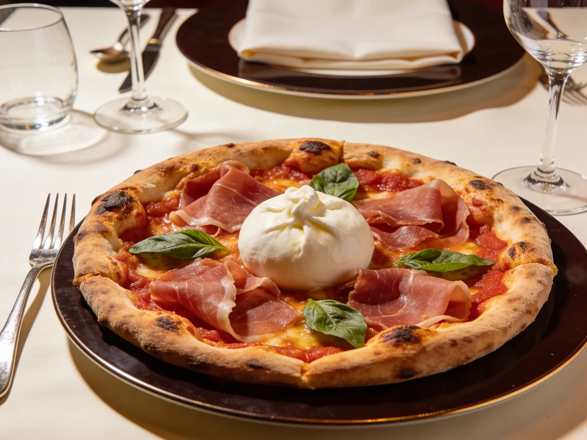 Pizza con burrata y prosciutto